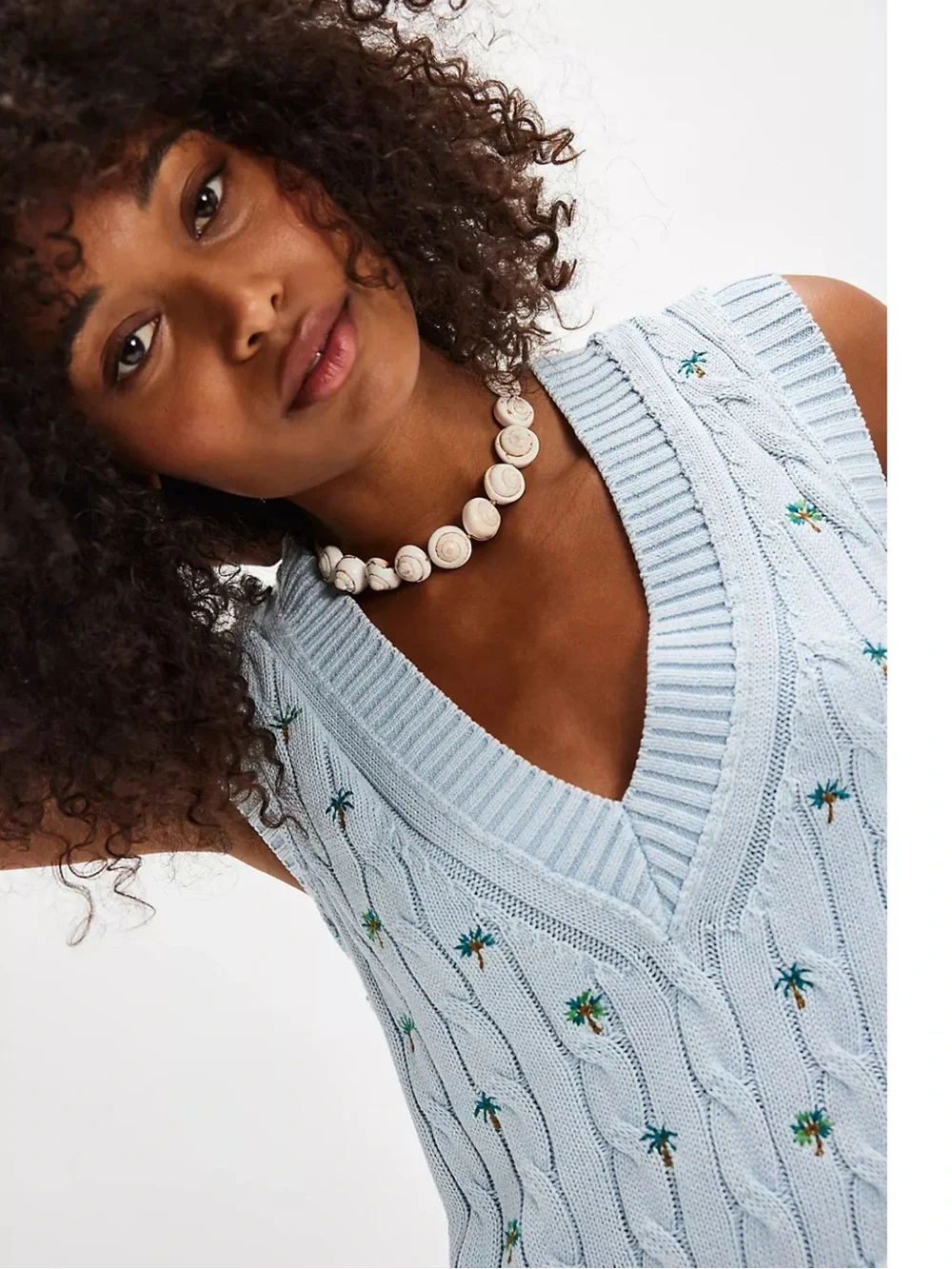 Free People Plumeria Palm Tree Sky Blue Cotton Sweater Vest Size Medium NWT